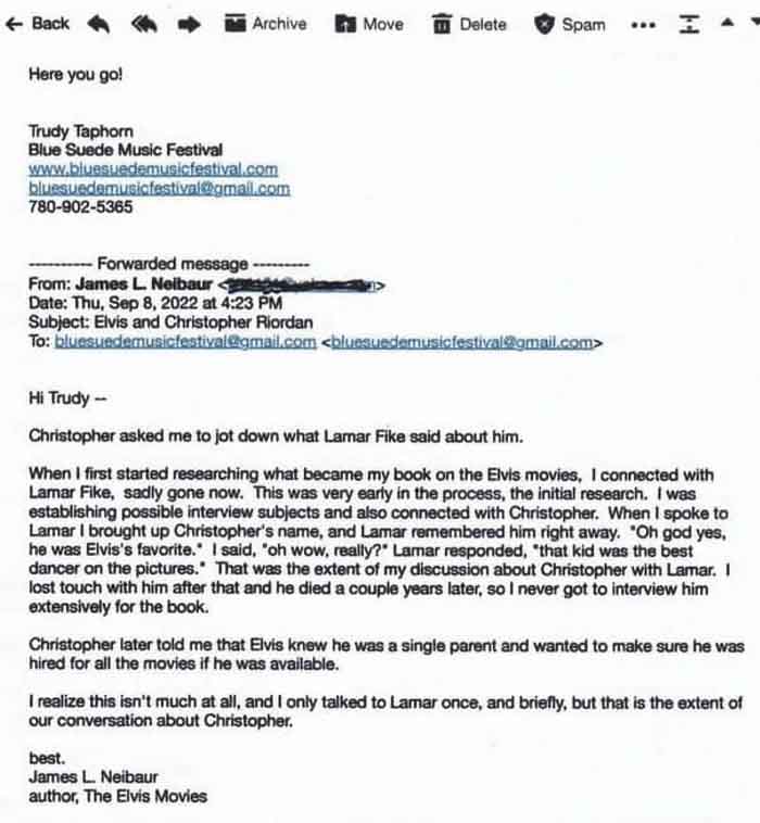 Email from author James L. Neibaur confirming Christopher Riordan was Elvis's favorite dancer