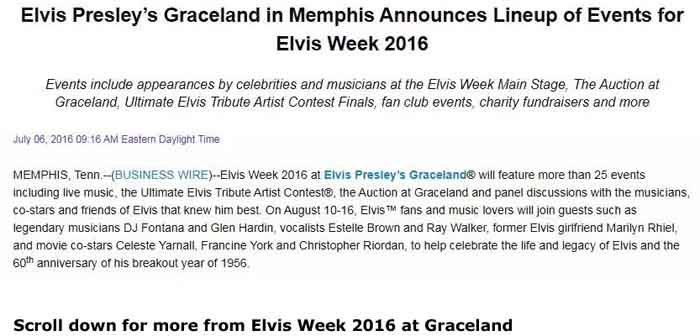Press release for Elvis Week 2016 at Graceland