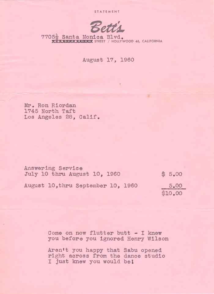 Bett's Answering Service monthly bill