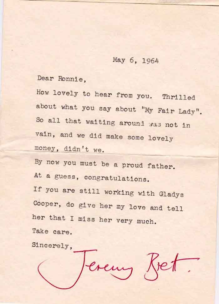 Letter Jeremy Brett sent to Christopher Riordan
