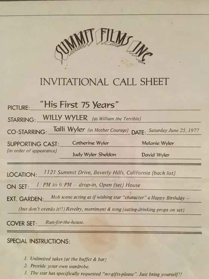 William Wyler 75th Birthday Party Invitation.